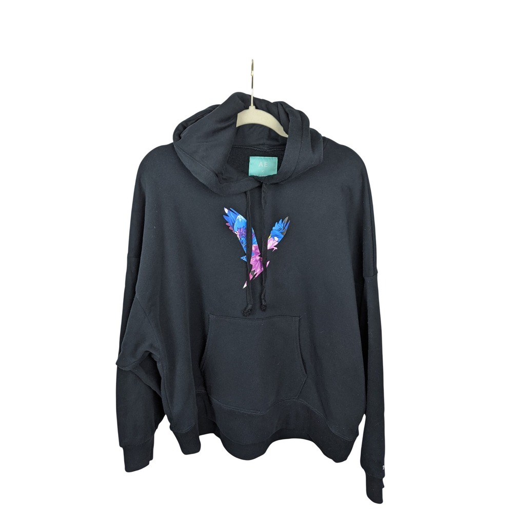 American Eagle x Naito Mens Black Floral Eagle Graphic Hoodie Sweatshirt Small